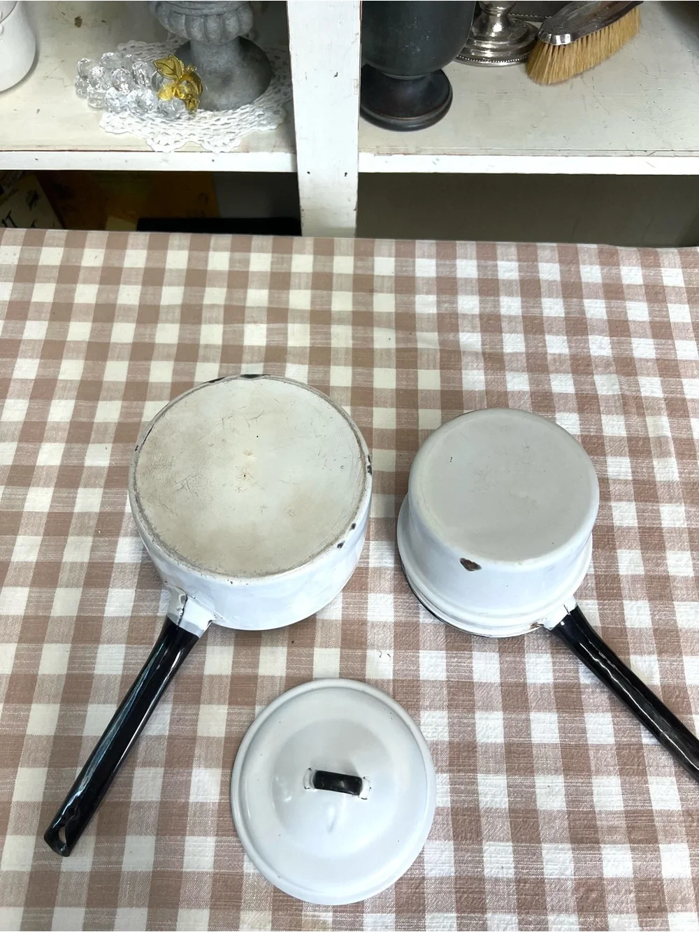 Vintage black white enamel double boiler pan decor cookware grandma core